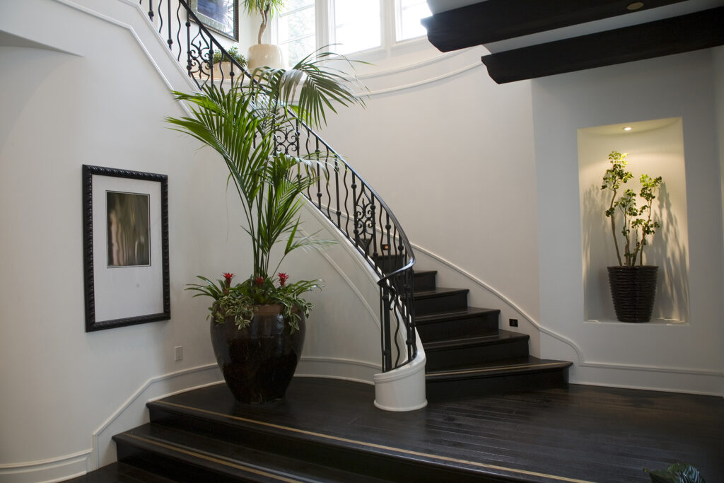 Modern traditional wooden staircase and plants
