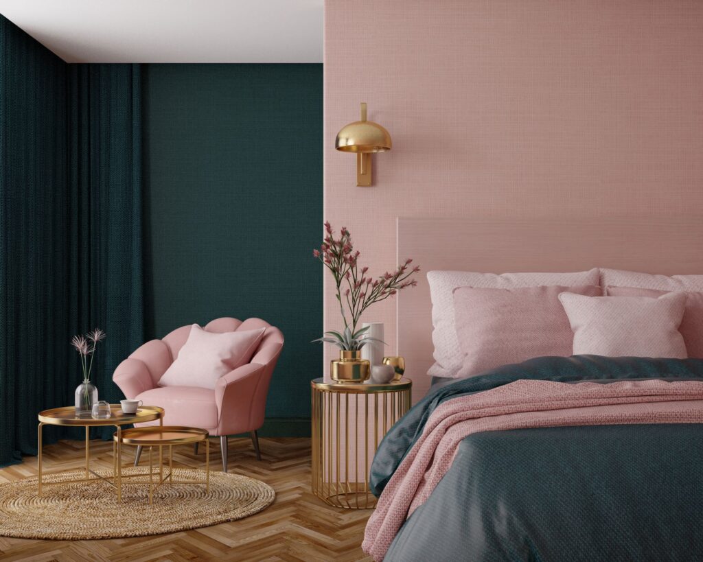 Art Deco style bedroom in pink and green 